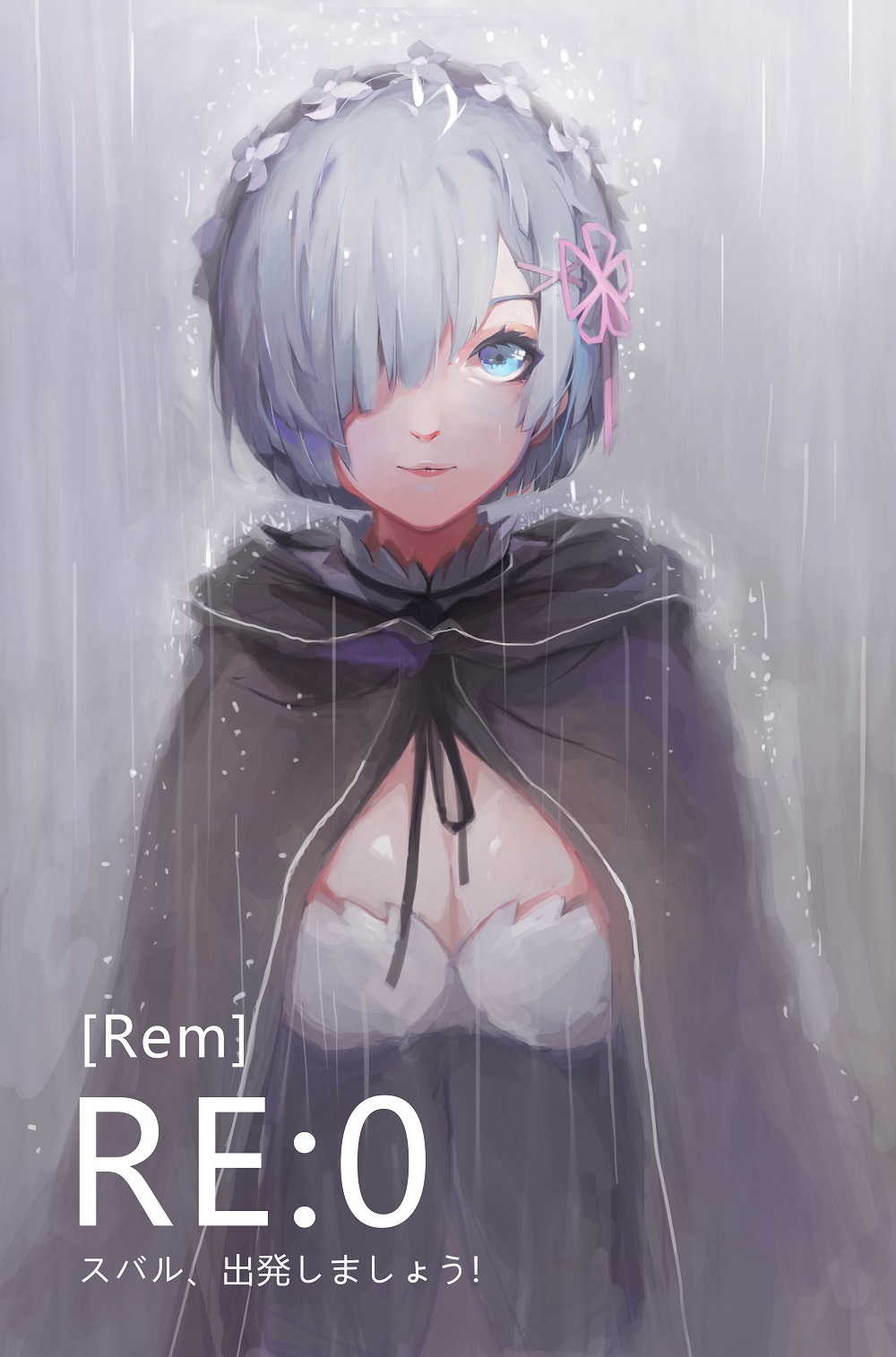 1girl black_cape blue_eyes blue_hair breasts cape character_name cleavage grey_background hair_ornament hair_over_one_eye hair_ribbon hairband hango highres lips lolita_hairband looking_at_viewer medium_breasts pink_ribbon rain re:zero_kara_hajimeru_isekai_seikatsu rem_(re:zero) ribbon short_hair translation_request upper_body x_hair_ornament