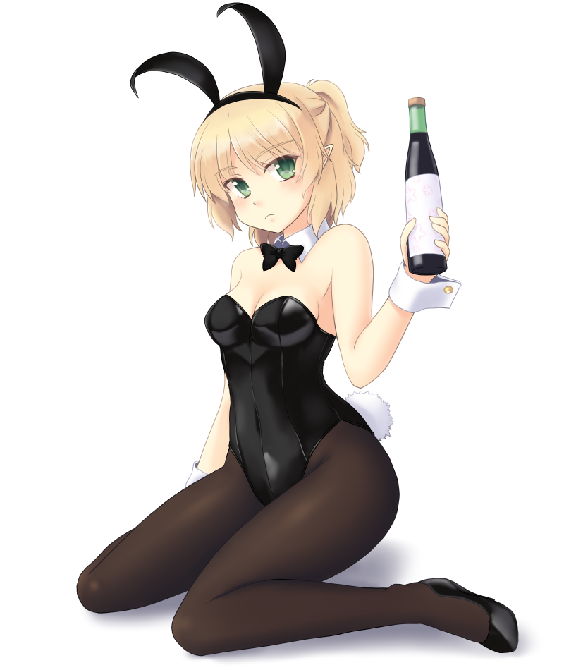 1girl alcohol alternate_costume animal_ears bangs bare_shoulders black_bow black_legwear black_leotard black_neckwear blonde_hair blush bow bowtie breasts bunny_girl bunny_tail bunnysuit cleavage closed_mouth covered_navel detached_collar fake_animal_ears full_body gomi_(gomitin) green_eyes hairband leotard looking_at_viewer mizuhashi_parsee pantyhose pointy_ears short_ponytail sitting small_breasts solo tail touhou wine wrist_cuffs