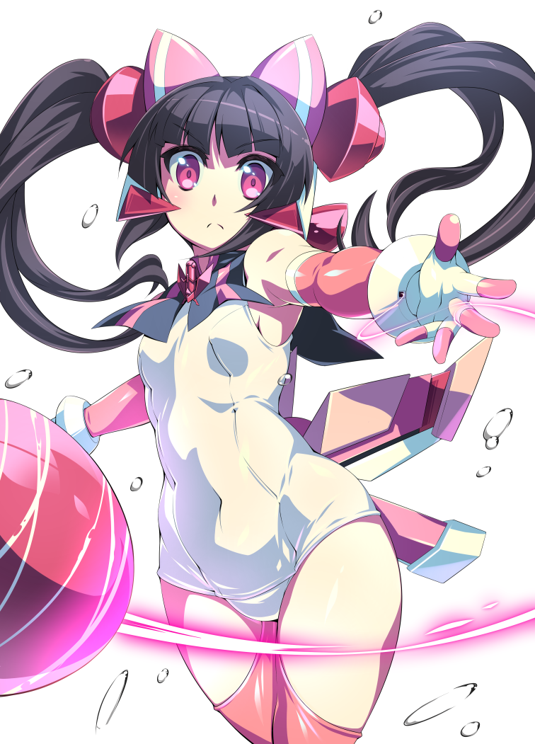 10s 1girl adapted_costume armpits black_hair breasts clenched_hand collar commentary_request covered_navel elbow_gloves eyebrows_visible_through_hair frown gloves gummyrise headpiece legs_together looking_at_viewer outstretched_arm pink_eyes pink_gloves pink_legwear revision school_swimsuit senki_zesshou_symphogear shiny shiny_clothes shiny_hair shiny_skin simple_background small_breasts solo swimsuit thigh-highs tsukuyomi_shirabe twintails water_drop white_background white_school_swimsuit white_swimsuit yo-yo