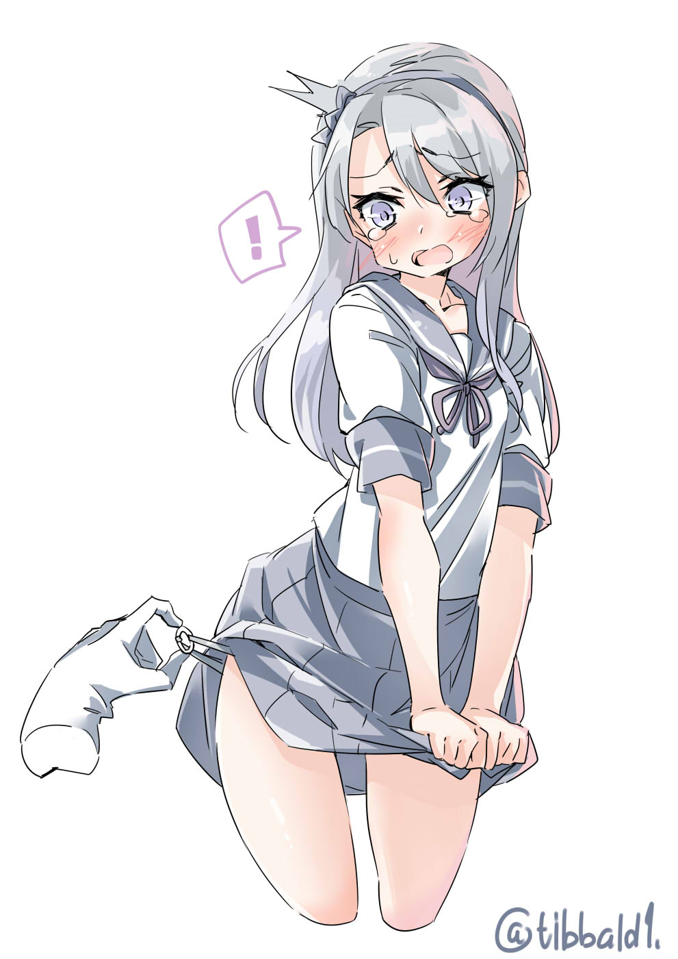 ! 1girl bangs blush cowboy_shot cropped_legs ebifurya eyebrows_visible_through_hair grey_hair grey_skirt hair_between_eyes hairband highres kantai_collection long_hair open_mouth pleated_skirt sagiri_(kantai_collection) school_uniform serafuku short_sleeves sidelocks simple_background skirt skirt_tug solo_focus spoken_exclamation_mark sweat tears twitter_username violet_eyes white_background