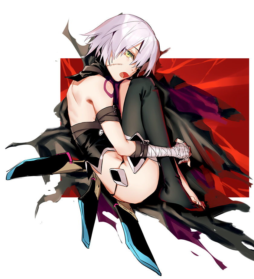 1girl assassin_of_black bandage bandaged_arm bare_shoulders black_legwear black_panties fate/apocrypha fate_(series) fetal_position full_body green_eyes hug_(yourhug) looking_at_viewer lying on_side open_mouth panties scar short_hair silver_hair solo tattoo thigh-highs underwear