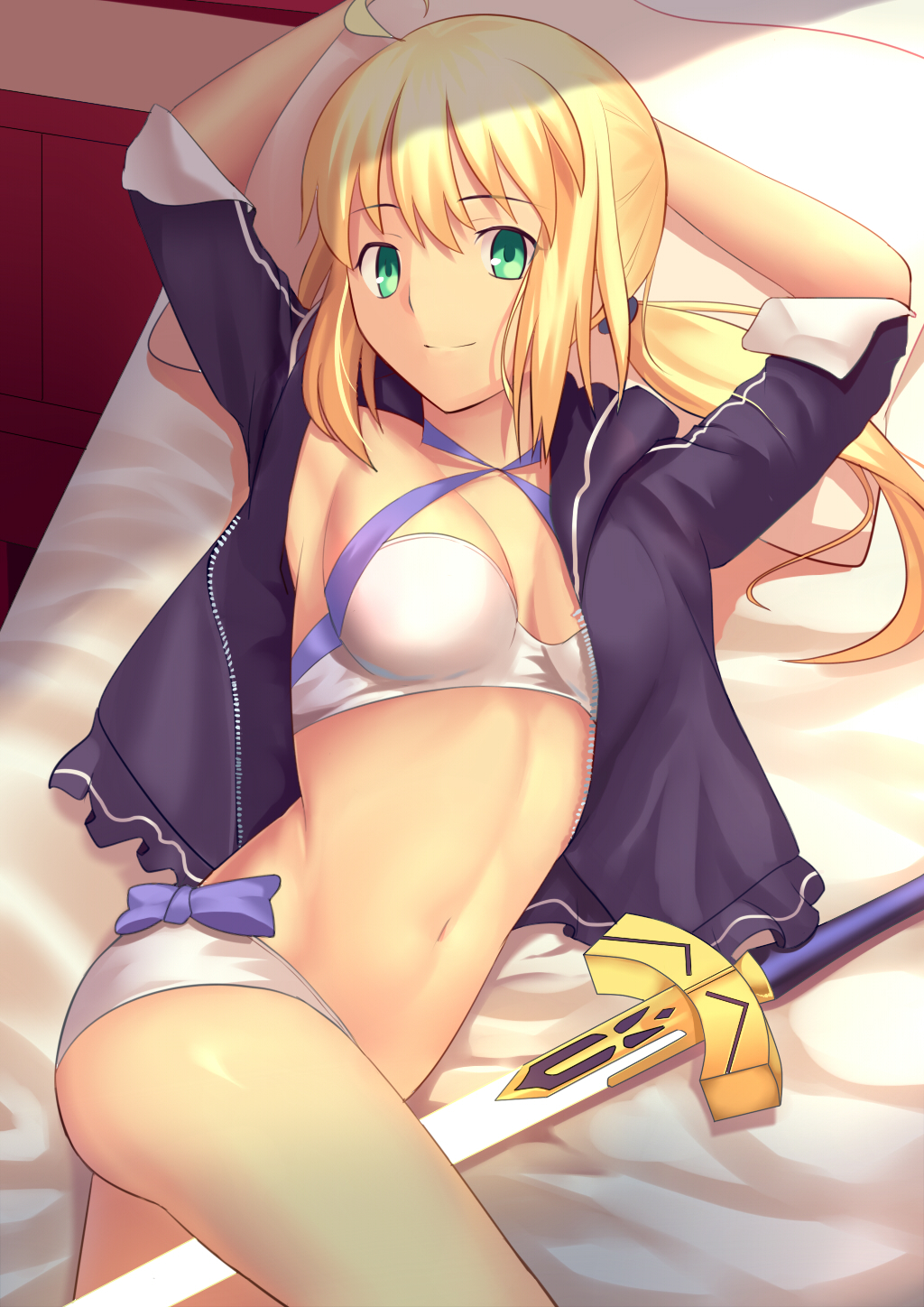 1girl ahoge arm_behind_head armpits arms_up artoria_pendragon_(all) artoria_pendragon_(swimsuit_archer) bangs bed bed_sheet besmiled between_legs bikini black_jacket blonde_hair blue_bow bow breasts cleavage closed_mouth cowboy_shot criss-cross_halter da eyebrows_visible_through_hair fate/grand_order fate_(series) green_eyes halterneck highres indoors jacket long_hair looking_at_viewer low_ponytail medium_breasts navel on_bed open_clothes open_jacket pillow saber smile solo stomach sunlight swimsuit sword thighs unsheathed unzipped weapon white_bikini
