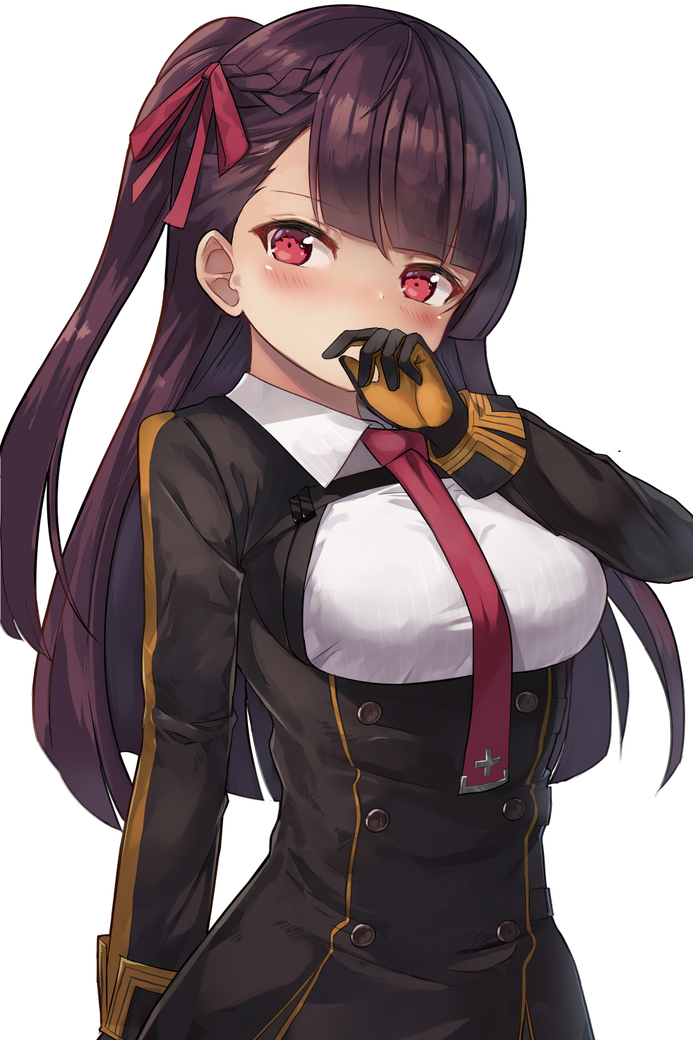 1girl arm_at_side asymmetrical_bangs bangs black_gloves blunt_bangs blush breasts collared_shirt covered_mouth double-breasted eyebrows_visible_through_hair girls_frontline gloves hair_ribbon hand_up highres large_breasts long_hair long_sleeves looking_at_viewer military military_uniform motokonut necktie one_side_up orange_gloves purple_hair red_necktie red_ribbon ribbon shirt simple_background solo tsurime underbust uniform upper_body violet_eyes wa2000_(girls_frontline) white_background white_shirt