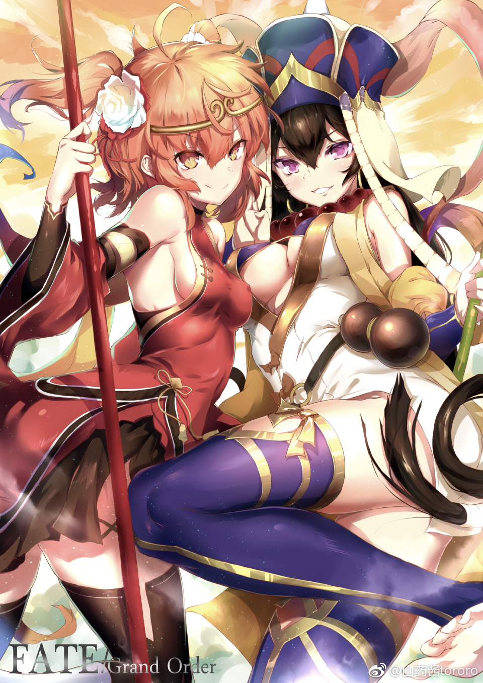 &gt;:) 2girls ahoge bare_shoulders barefoot black_hair black_legwear breasts circlet cleavage detached_sleeves erect_nipples eyebrows_visible_through_hair fate/grand_order fate_(series) flower from_side fujimaru_ritsuka_(female) gourd hair_between_eyes hair_flower hair_ornament hat highres jewelry journey_to_the_west large_breasts leg_up long_hair looking_at_viewer multiple_girls navy_blue_legwear necklace orange_eyes orange_hair outdoors parted_lips sash shanyao_jiang_tororo sideboob skirt small_breasts smile staff thigh-highs two_side_up under_boob very_long_hair violet_eyes weibo_username wide_sleeves xuanzang_(fate/grand_order)