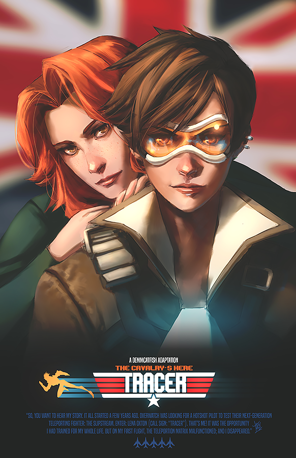 2girls 80s bangs bomber_jacket brown_hair commentary couple earrings emily_(overwatch) english forehead freckles goggles jacket jewelry kathryn_layno long_hair movie_poster multiple_girls oldschool orange_hair overwatch parody poster swept_bangs top_gun tracer_(overwatch) union_jack