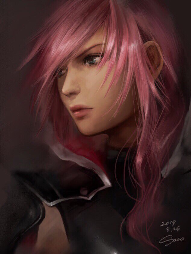 1girl asymmetrical_hair bangs closed_mouth commentary_request dated final_fantasy final_fantasy_xiii green_eyes lightning_farron long_hair looking_away pink_hair realistic red_lips sako_(user_ndpz5754) signature solo swept_bangs