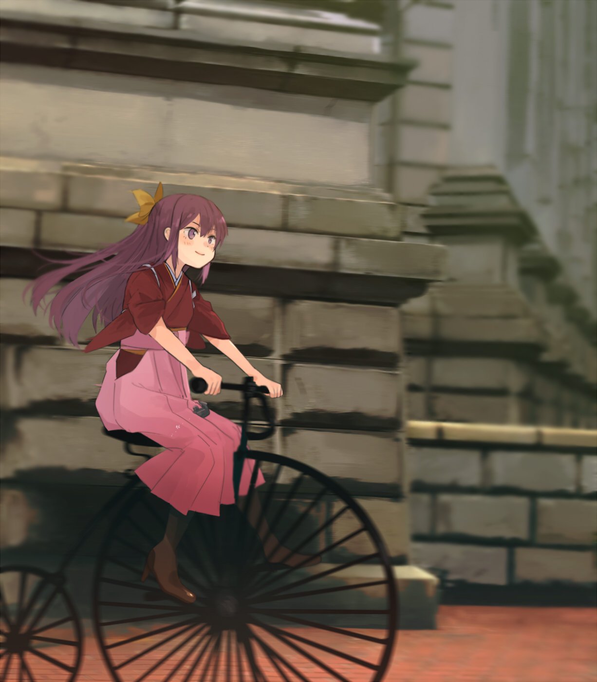 1girl annin_musou bicycle bow brown_eyes building commentary_request ground_vehicle hair_bow hakama hakama_skirt highres japanese_clothes kamikaze_(kantai_collection) kantai_collection kimono long_hair long_sleeves meiji_schoolgirl_uniform purple_hair riding_bike road sidelocks sleeves_rolled_up smile solo stone_wall street wall wide_sleeves