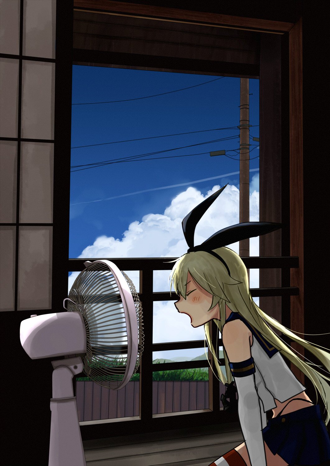 1girl annin_musou bangs blonde_hair blue_sky closed_eyes clouds cloudy_sky commentary_request day elbow_gloves electric_fan facing_away fan_speaking from_side gloves hair_ribbon highres indoors kantai_collection long_hair midriff miniskirt open_mouth power_lines profile railing ribbon shimakaze_(kantai_collection) shirt skirt sky sleeveless sleeveless_shirt sliding_doors solo striped striped_legwear telephone_pole thigh-highs