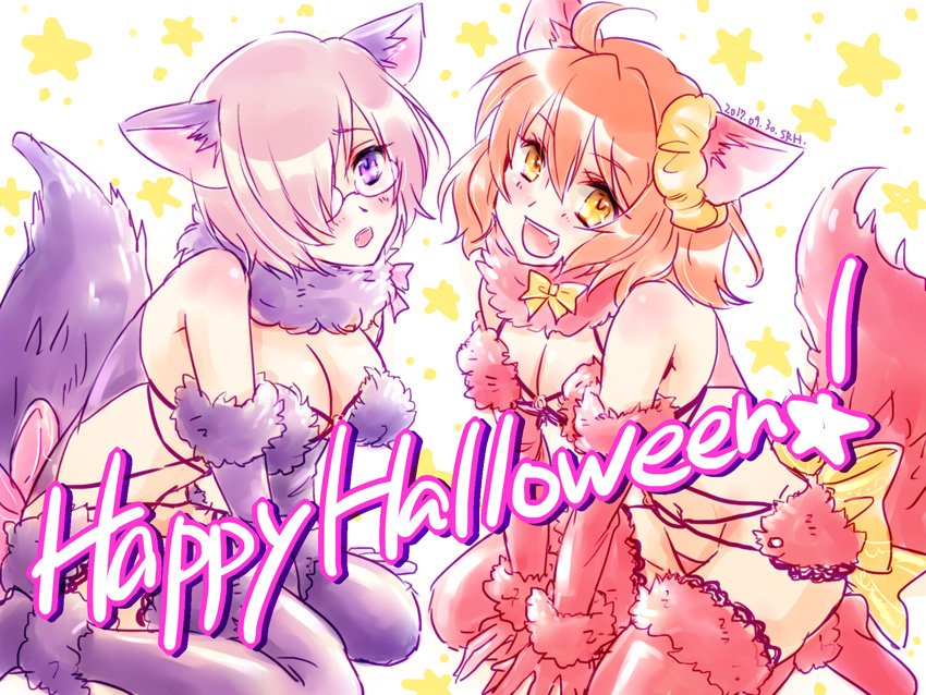 2girls ahoge animal_ears breasts cleavage commentary_request english fake_animal_ears fate/grand_order fate_(series) glasses halloween halloween_costume multiple_girls musukichi tail