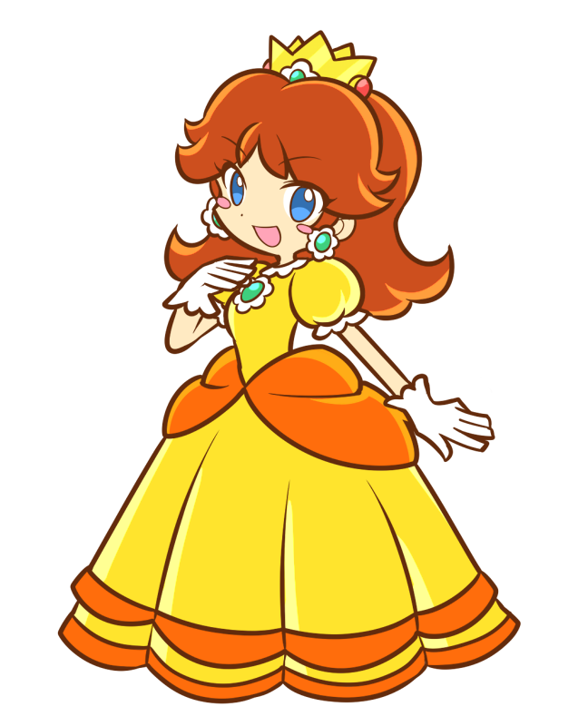 1girl :d blue_eyes blush_stickers brown_hair crown dress earrings flower_earrings fukumitsu_(kirarirorustar) gloves jewelry long_dress long_hair open_mouth orange_dress princess_daisy puffy_short_sleeves puffy_sleeves puyopuyo short_sleeves smile solo super_mario_bros. white_background