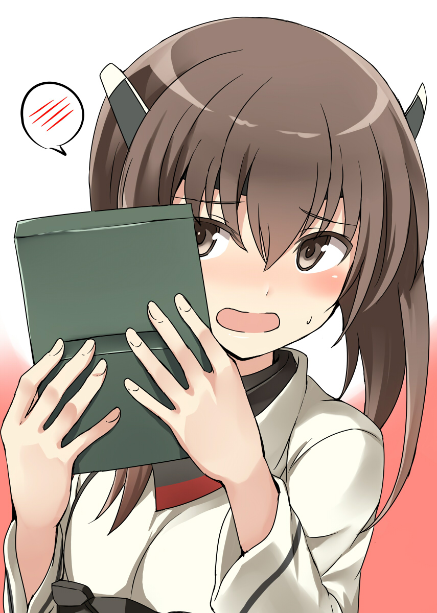 1girl artist_name blush breasts brown_eyes brown_hair covering_face dated embarrassed gradient gradient_background headgear highres kamelie kantai_collection long_sleeves open_mouth shirt short_hair small_breasts solo speech_bubble spoken_blush sweat taihou_(kantai_collection) white_shirt