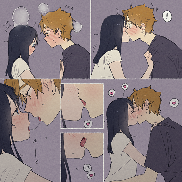 ! 1boy 1girl 6koma black_hair blue_eyes blush brown_eyes brown_hair closed_eyes comic eye_contact grey_background heart kiss kitashirakawa_tamako long_hair looking_at_another momose_(oqo) multiple_views ooji_mochizou saliva spoken_exclamation_mark spoken_heart steam tamako_market upper_body