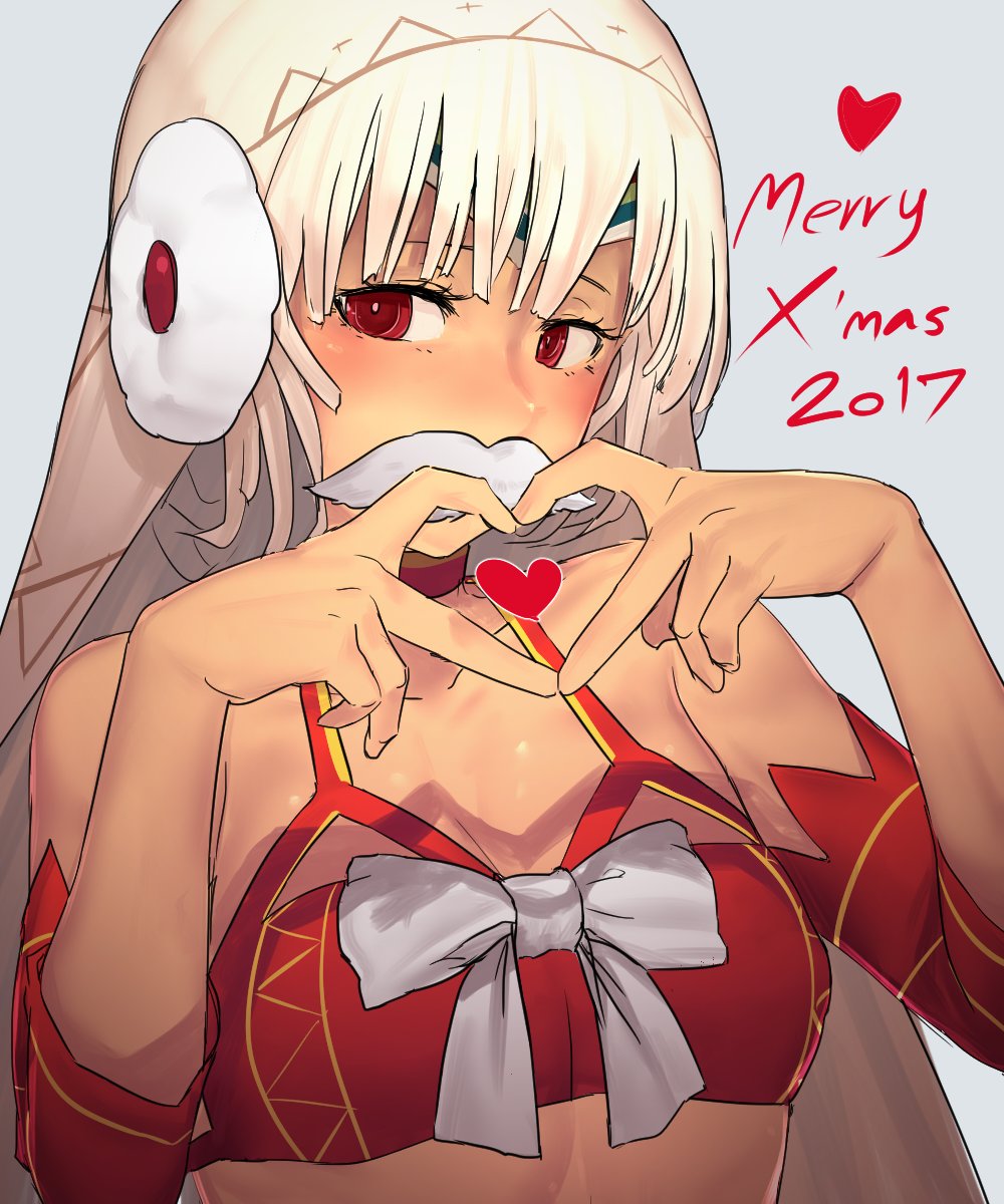 1girl 2017 altera_(fate) altera_the_santa bare_shoulders blue_background blush bra choker commentary_request detached_sleeves earmuffs fake_mustache fate/grand_order fate_(series) hands_up heart heart_hands highres i-pan looking_at_viewer merry_christmas red_bra red_eyes short_hair silver_hair simple_background solo underwear upper_body veil