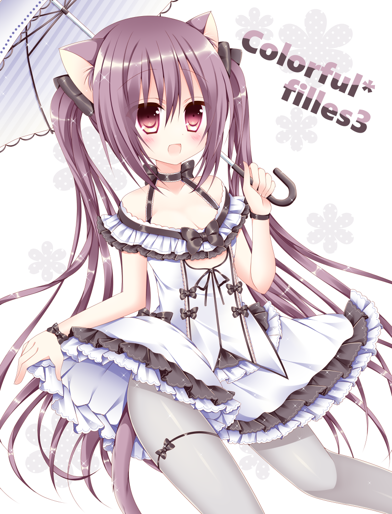 1girl :d animal_ears bangs black_bow black_neckwear black_ribbon blush bow breasts brown_eyes cat_ears cat_girl cat_tail cleavage collarbone commentary_request dutch_angle eyebrows_visible_through_hair frilled_shirt frilled_skirt frills grey_legwear hair_between_eyes hair_bow halter_top halterneck holding holding_umbrella layered_skirt long_hair looking_away medium_breasts off-shoulder_shirt open_mouth original pantyhose ribbon shikito shirt sidelocks simple_background skirt skirt_hold smile solo striped_umbrella tail twintails umbrella very_long_hair white_background white_shirt white_skirt wrist_bow