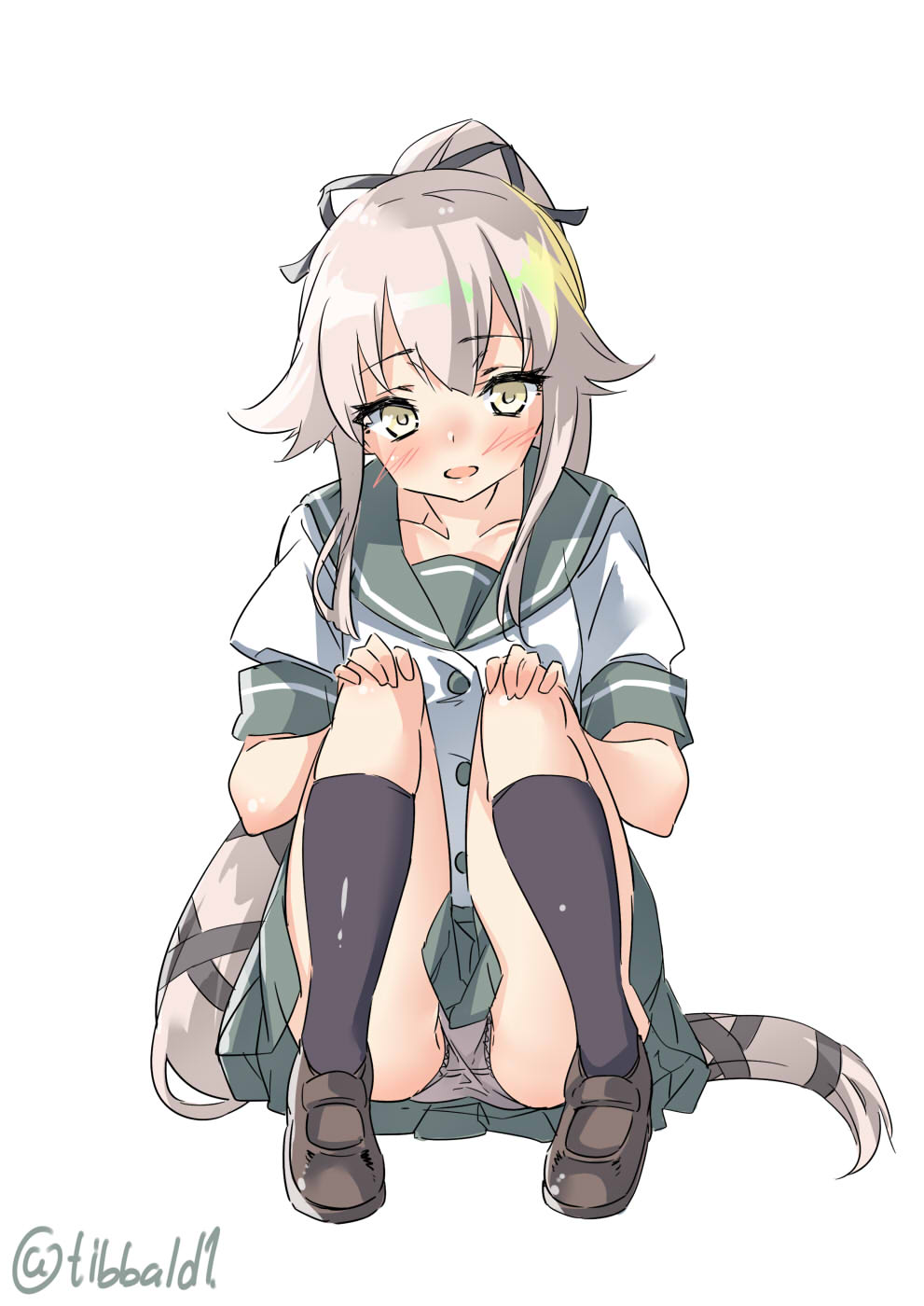 1girl bangs black_legwear black_ribbon blush brown_footwear ebifurya eyebrows_visible_through_hair full_body green_skirt grey_panties hair_flaps hair_ribbon hands_on_own_knees highres kantai_collection kneehighs loafers long_hair looking_at_viewer open_mouth panties pantyshot pantyshot_(sitting) pink_hair pleated_skirt ribbon school_uniform serafuku shoes short_sleeves sidelocks simple_background sitting skirt solo twitter_username underwear very_long_hair white_background yellow_eyes yura_(kantai_collection)