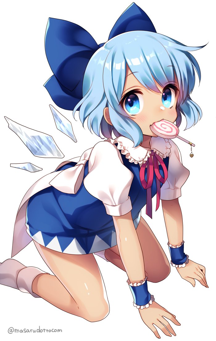 1girl bangs blue_bow blue_dress blue_eyes blue_hair bow candy cirno commentary_request dress eyebrows_visible_through_hair food food_in_mouth hair_bow heart ice ice_wings kneeling leaning_forward lollipop looking_at_viewer masaru.jp puffy_short_sleeves puffy_sleeves red_ribbon ribbon short_hair short_sleeves simple_background socks solo tan touhou twitter_username white_background white_legwear wings wrist_cuffs