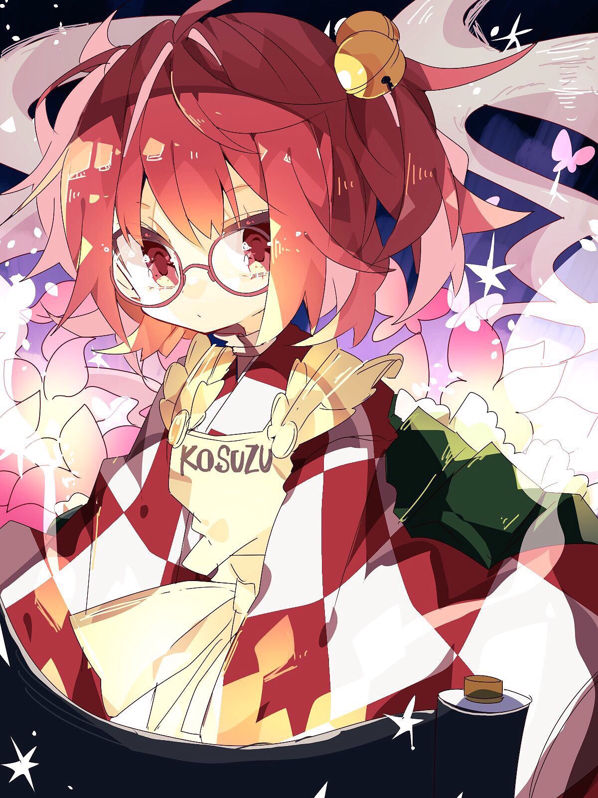 1girl apron bell butterfly checkered closed_mouth flower glasses green_skirt hair_bell hair_ornament highres japanese_clothes kimono looking_at_viewer motoori_kosuzu nikorashi-ka red_eyes redhead scroll skirt solo touhou two_side_up wide_sleeves