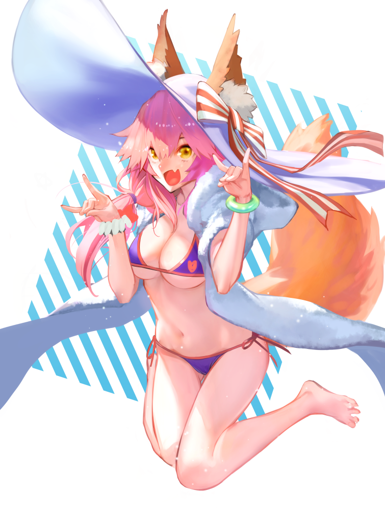 1girl animal_ears bikini blue_bikini breasts cleavage collarbone ears_through_headwear fang fate/grand_order fate_(series) fox_ears fox_tail hat jumping long_hair looking_at_viewer navel open_mouth pink_hair ribbon side-tie_bikini solo sun_hat swimsuit tail tamamo_(fate)_(all) tamamo_no_mae_(swimsuit_lancer)_(fate) ya99ru yellow_eyes