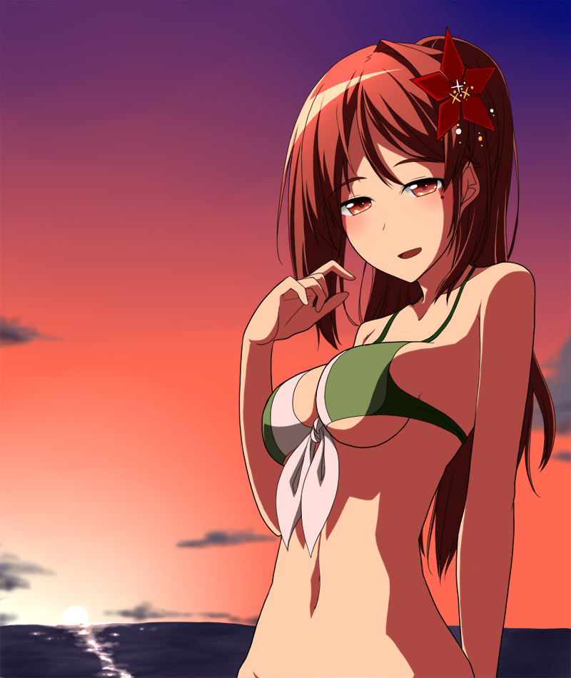 1girl amagi_(kantai_collection) beach bikini breasts brown_eyes brown_hair flower front-tie_top hair_flower hair_ornament hand_up kantai_collection long_hair open_mouth smile solo sunset swimsuit toho-77