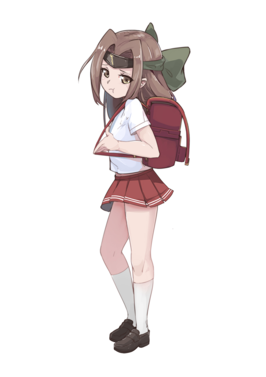 1girl :t alternate_costume backpack bag blush bow brown_footwear closed_mouth forehead_protector full_body green_bow hair_bow headband highres jintsuu_(kantai_collection) kantai_collection kneehighs long_hair looking_at_viewer miniskirt pink_skirt pleated_skirt pout randoseru shoes short_sleeves simple_background skirt solo standing white_background white_legwear wo_jianqiang_fu_guo younger