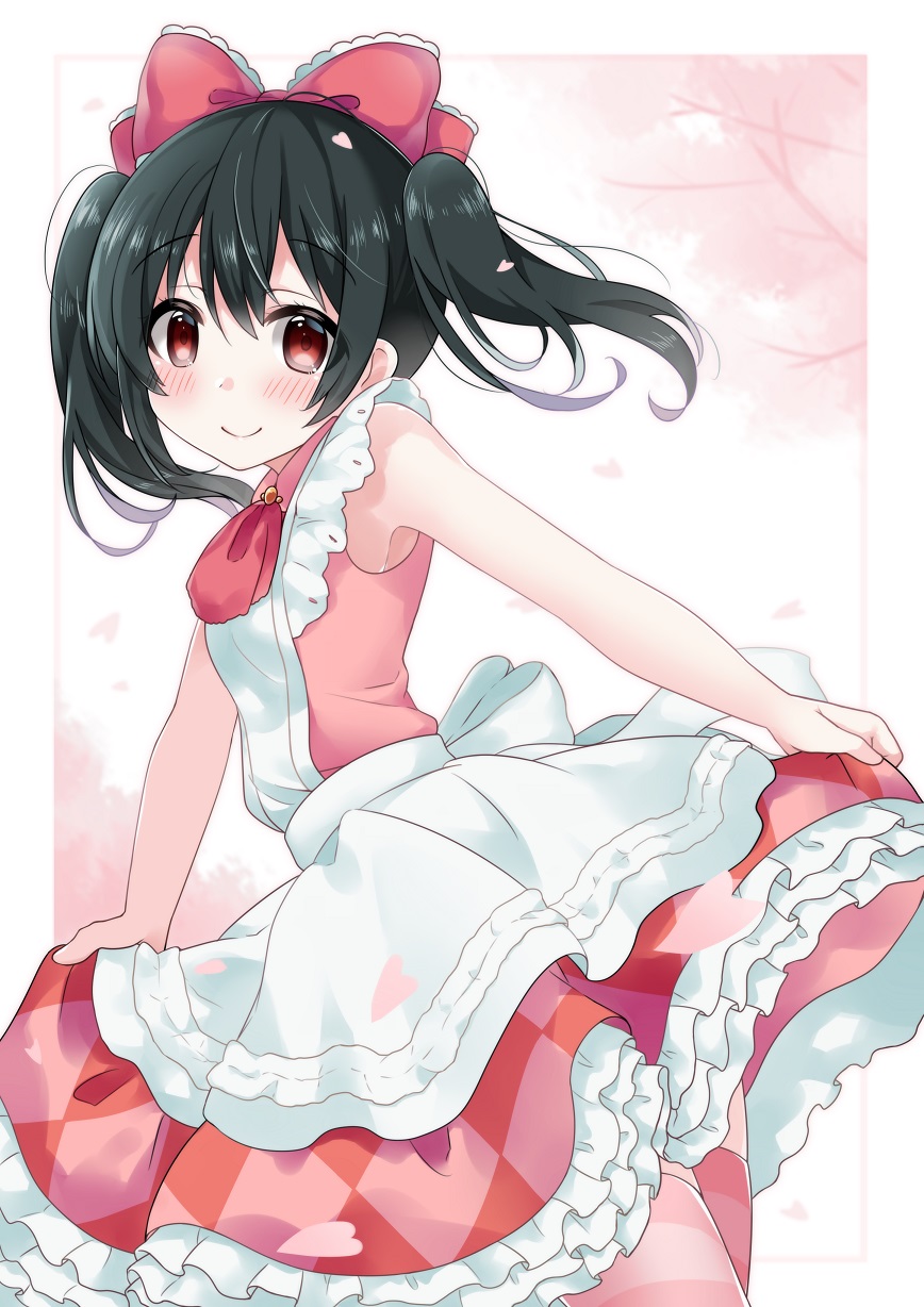 1girl apron armpits bare_arms black_hair blush bow checkered checkered_skirt cherry_blossoms closed_mouth collared_shirt commentary_request eyebrows_visible_through_hair frilled_bow frilled_skirt frills from_side hair_between_eyes hair_bow highres korekara_no_someday looking_at_viewer looking_to_the_side love_live! love_live!_school_idol_project petals pink_legwear pink_shirt red_bow red_eyes shirt sidelocks skirt skirt_hold sleeveless sleeveless_shirt smile solo striped striped_legwear thigh-highs twintails umino_(umino00) white_apron yazawa_nico