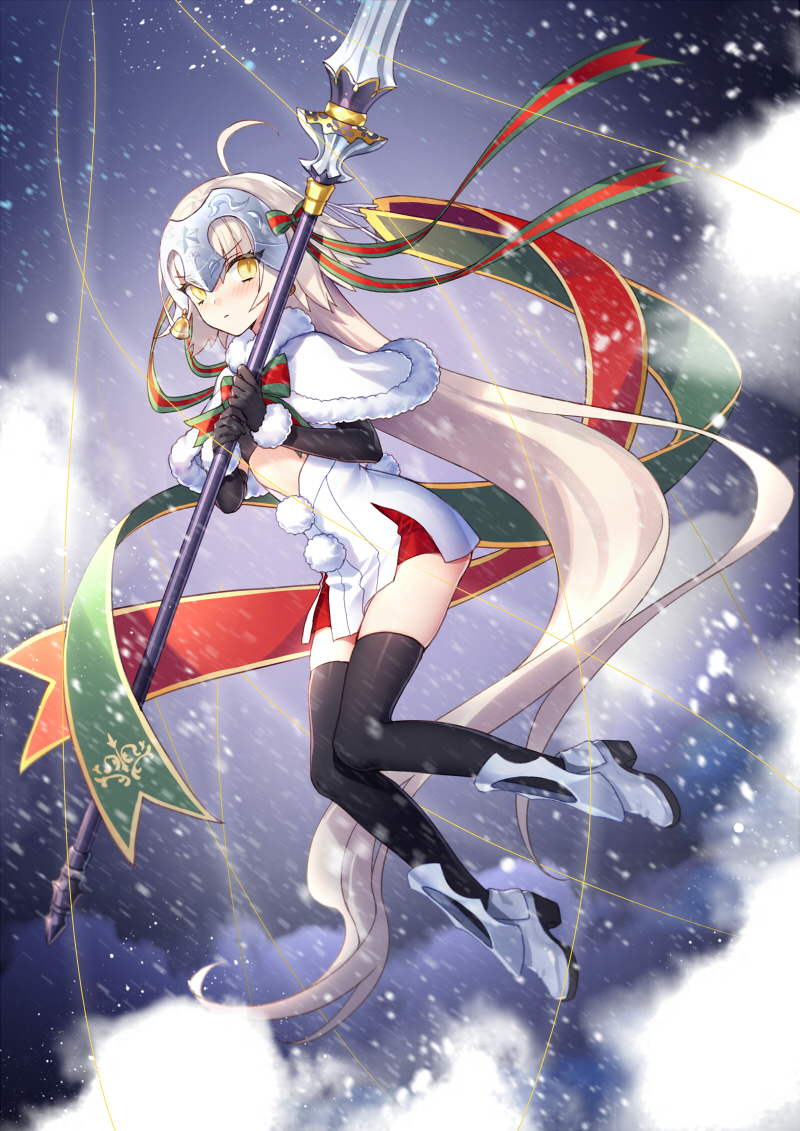 1girl absurdly_long_hair ahoge black_legwear blonde_hair blush boots capelet closed_mouth dress eyebrows_visible_through_hair fate/grand_order fate_(series) floating from_side fur_trim hair_ribbon headpiece holding jeanne_d'arc_(fate)_(all) jeanne_d'arc_alter_santa_lily kangetsu_(fhalei) lance long_hair looking_at_viewer looking_to_the_side polearm red_ribbon ribbon short_dress solo thigh-highs very_long_hair weapon white_dress yellow_eyes