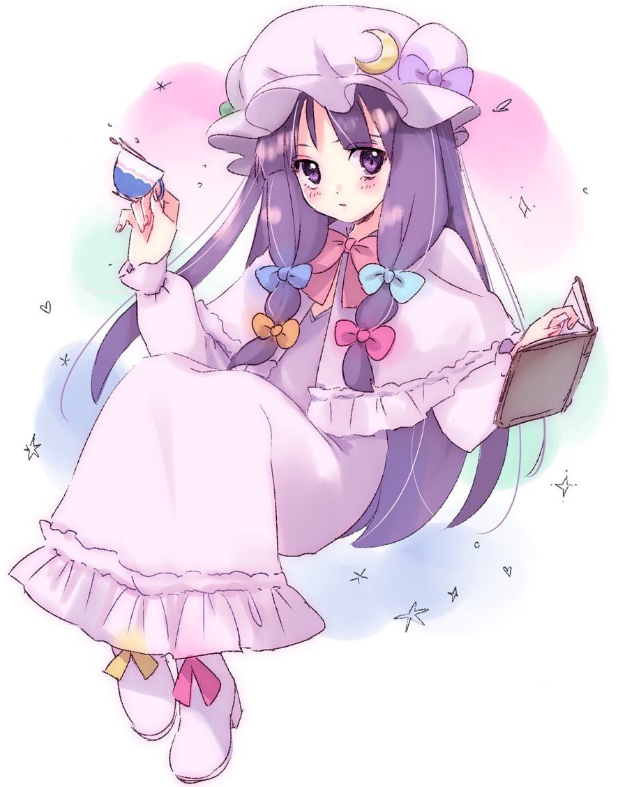 1girl aqua_ribbon blue_ribbon blush book closed_mouth commentary_request crescent crescent_moon_pin cup dot_nose dress full_body hair_ribbon hat high_heels holding holding_cup long_dress long_hair long_sleeves looking_at_viewer neck_ribbon open_book orange_ribbon patchouli_knowledge pillow_hat pink_dress purple_hair red_ribbon ribbon sitting solo sparkle touhou tress_ribbon vanilla_(miotanntann) violet_eyes