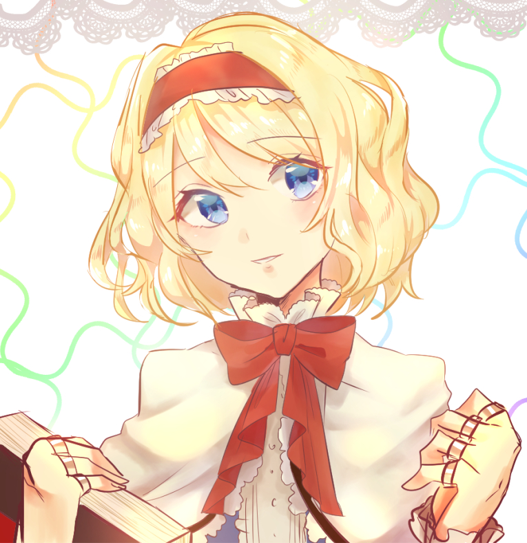 1girl alice_margatroid blonde_hair blue_eyes blush bow bowtie capelet commentary_request hairband konnyaku_(yuukachan_51) lolita_hairband looking_at_viewer parted_lips puppet_rings red_bow red_bowtie short_hair smile solo touhou upper_body