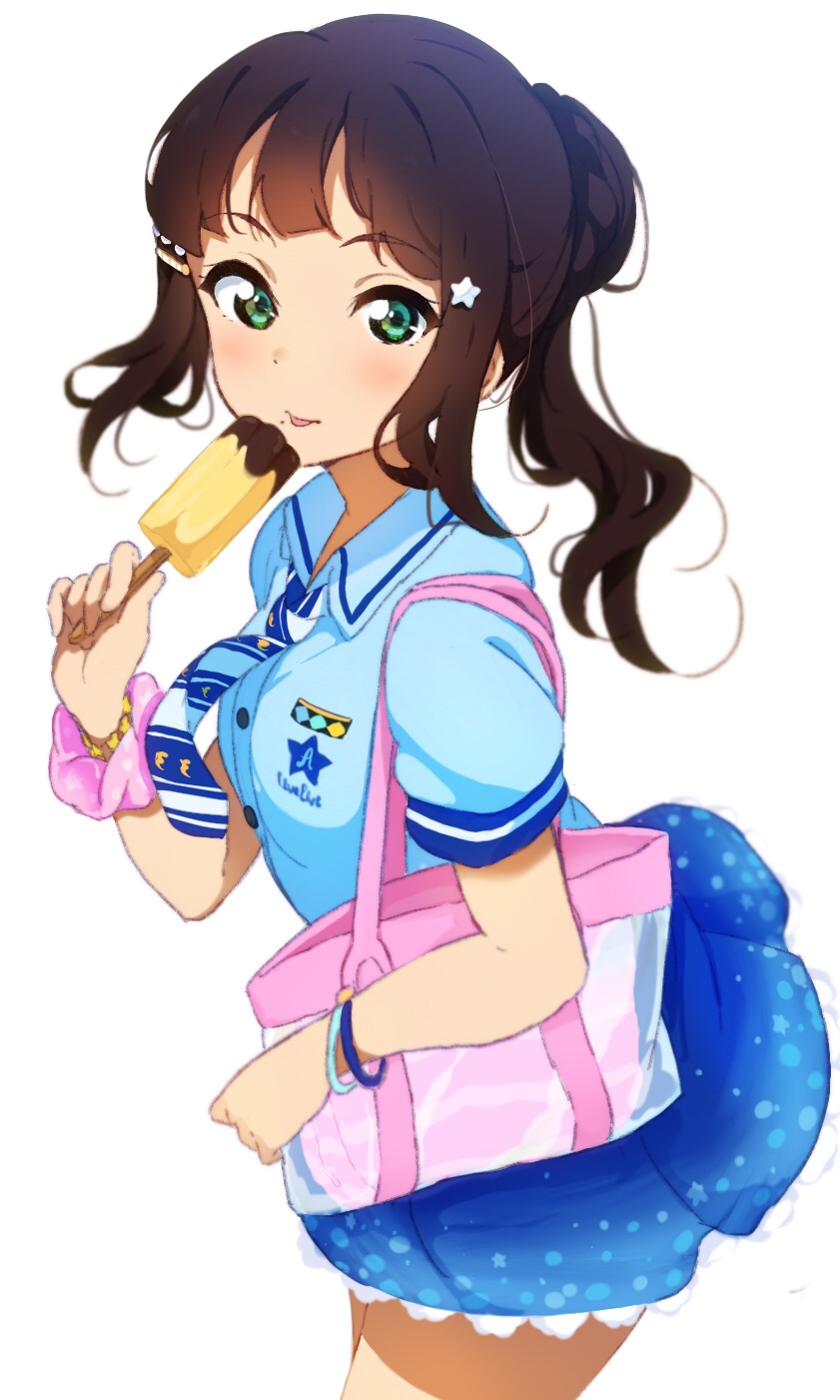 1girl :p alternate_hairstyle bag bangs black_hair blue_shirt blue_skirt bracelet eyebrows_visible_through_hair food green_eyes hair_ornament hairpin highres icehotmilktea jewelry kurosawa_dia looking_at_viewer love_live! love_live!_sunshine!! mole mole_under_mouth necktie pink_scrunchie ponytail popsicle scrunchie shirt short_sleeves sidelocks simple_background skirt solo star star_hair_ornament striped_neckwear tongue tongue_out white_background wrist_scrunchie