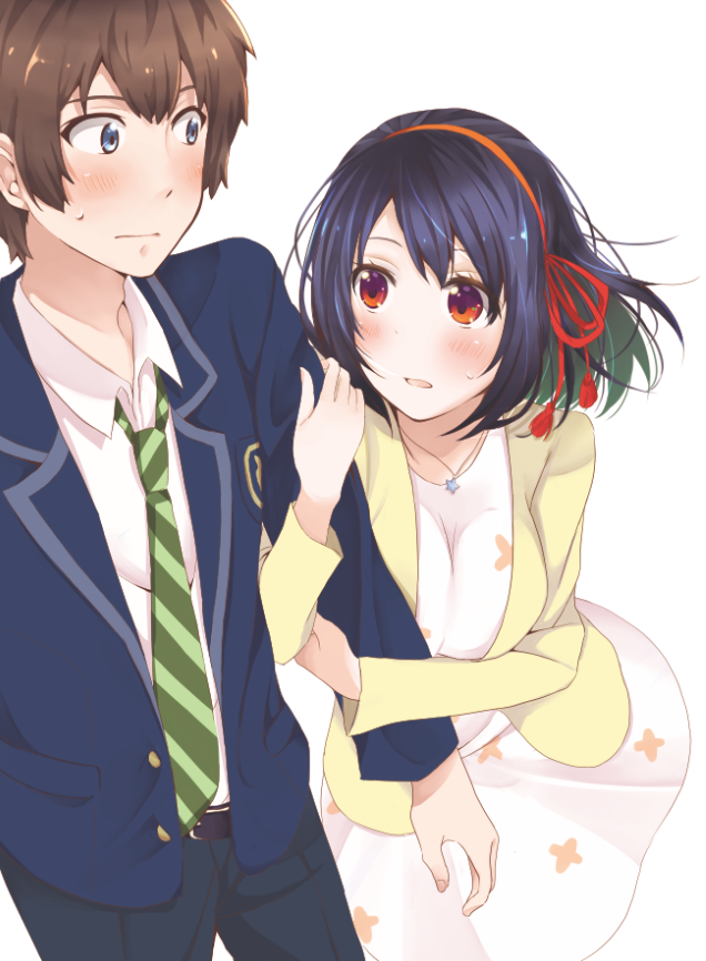 1boy 1girl arm_hug black_hair blue_eyes blue_jacket blush brown_hair check_commentary commentary_request dress eye_contact green_necktie hair_ribbon jacket jewelry kimi_no_na_wa long_sleeves looking_at_another miyamizu_mitsuha multicolored multicolored_ribbon necklace necktie older open_mouth orange_ribbon red_eyes red_ribbon ribbon school_uniform short_hair star_necklace striped striped_necktie sweatdrop tachibana_taki yellow_jacket