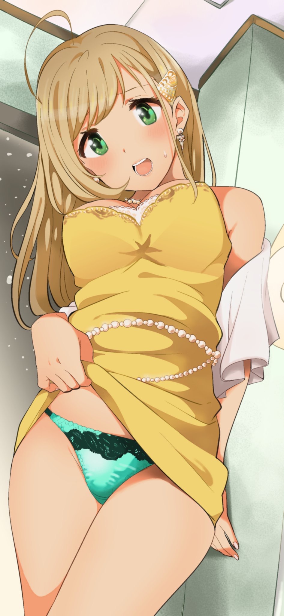 1girl 216_zig ahoge bangs bare_shoulders blonde_hair blush breasts commentary_request dress dress_lift earrings green_eyes green_panties hair_ornament hairclip head_tilt highres hips idolmaster idolmaster_cinderella_girls indoors jewelry large_breasts long_hair looking_at_viewer necklace open_mouth panties pearl_necklace satou_shin solo sweatdrop swept_bangs thighs underwear waist yellow_dress
