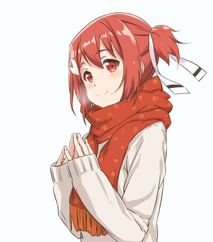 1girl blush breath closed_mouth eyebrows_visible_through_hair floral_print hair_between_eyes hair_ornament hair_ribbon head_tilt long_sleeves looking_at_viewer looking_to_the_side red_eyes red_scarf redhead ribbon scarf shikou_sakugo_(qqap9gt9k) short_ponytail side_ponytail sleeves_past_wrists smile solo steepled_fingers striped striped_ribbon sweater tassel upper_body white_background white_ribbon white_sweater yuuki_yuuna yuuki_yuuna_wa_yuusha_de_aru yuusha_de_aru