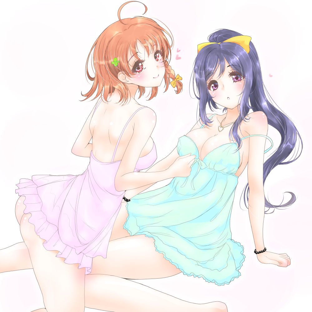 2girls blue_hair blush braid breasts brown_hair frapowa heart long_hair looking_back love_live! love_live!_sunshine!! matsuura_kanan multiple_girls short_hair simple_background smile strap_slip takami_chika violet_eyes white_background