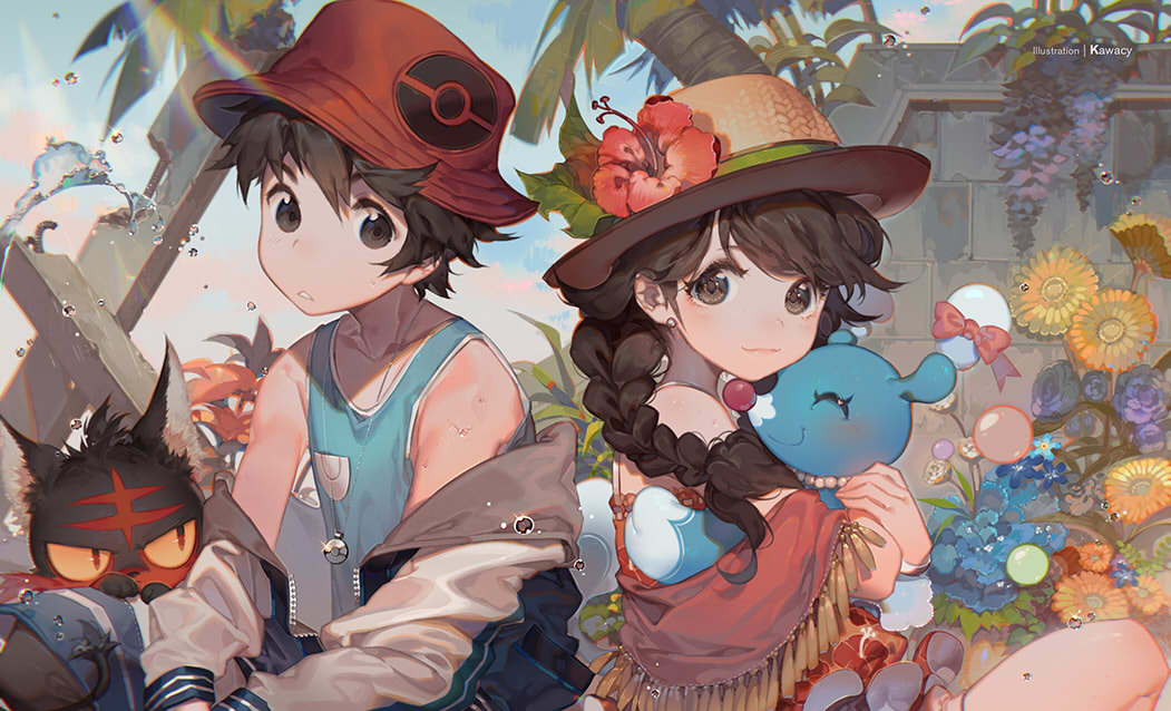 1boy 1girl :&lt; :3 ^_^ artist_name bare_shoulders beige_background blush braid brown_eyes brown_hair brown_hat brown_jacket bucket_hat cat closed_eyes closed_mouth collarbone commentary commentary_request day earrings floral_print flower fringe glint hat hat_flower hibiscus hug jacket jewelry kawacy light_rays litten long_hair long_sleeves looking_at_viewer looking_to_the_side mizuki_(pokemon_ultra_sm) necklace off_shoulder open_clothes open_jacket outdoors palm_tree parted_lips pendant poke_ball_print pokemon pokemon_(creature) pokemon_(game) pokemon_ultra_sm popplio red_eyes red_hat shawl sitting stud_earrings sun_hat sunbeam sunlight tank_top tareme tree triangle_mouth twin_braids wall yellow_sclera you_(pokemon_ultra_sm)