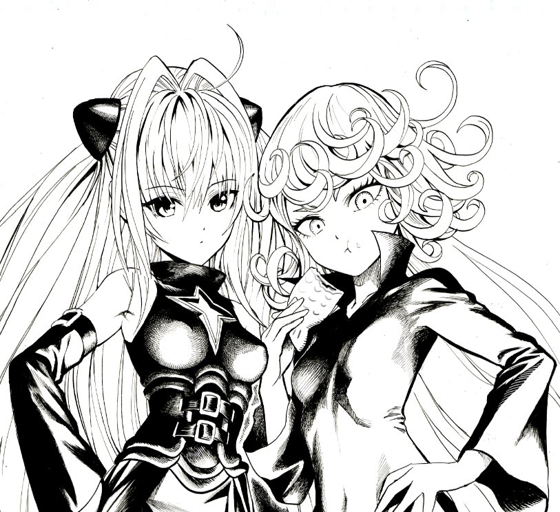 2girls ahoge arm_belt bangs bare_shoulders belt black_dress breasts commentary_request covered_navel crossover curly_hair detached_sleeves dress eating eyebrows_visible_through_hair food food_on_face from_below greyscale hair_between_eyes hair_intakes hand_on_hip headgear high_collar holding holding_food konjiki_no_yami long_hair long_sleeves looking_at_viewer looking_down medium_breasts monochrome multiple_girls murata_yuusuke one-punch_man simple_background small_breasts standing tatsumaki to_love-ru white_background wide_sleeves