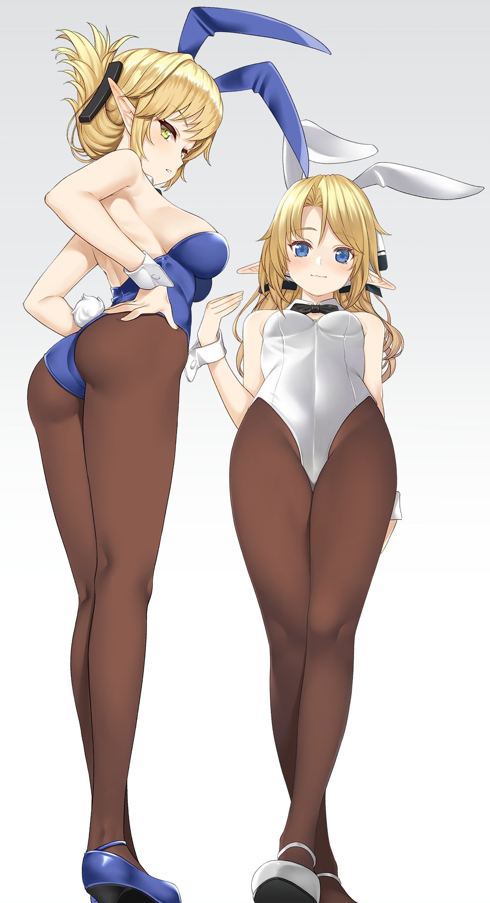10s 2girls aegis_(takunomi) animal_ears ass bangs bare_arms bare_shoulders black_bow black_legwear black_neckwear blonde_hair blue_eyes blue_footwear blue_leotard bow bowtie breasts brown_legwear bunny_girl bunny_tail bunnysuit crossed_arms detached_collar elf eyebrows_visible_through_hair fake_animal_ears from_behind from_below full_body gradient gradient_background green_eyes grey_background hand_on_hip highleg highleg_leotard highres iris_(takunomi) leotard long_hair long_legs looking_at_viewer looking_back medium_breasts multiple_girls original pantyhose pointy_ears rabbit_ears shiny shiny_hair shoes sideboob simple_background small_breasts smile standing swept_bangs tail takunomi white_background white_leotard white_shoes wrist_cuffs