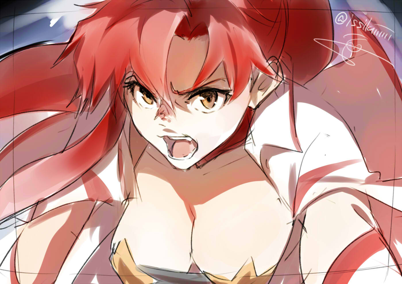 1girl artist_name bangs breasts brown_eyes cleavage d:&lt; floating_hair heart isshiki_(ffmania7) jacket long_hair medium_breasts open_clothes open_jacket open_mouth parted_bangs ponytail redhead signature sketch solo teeth tengen_toppa_gurren_lagann twitter_username upper_body yoko_littner
