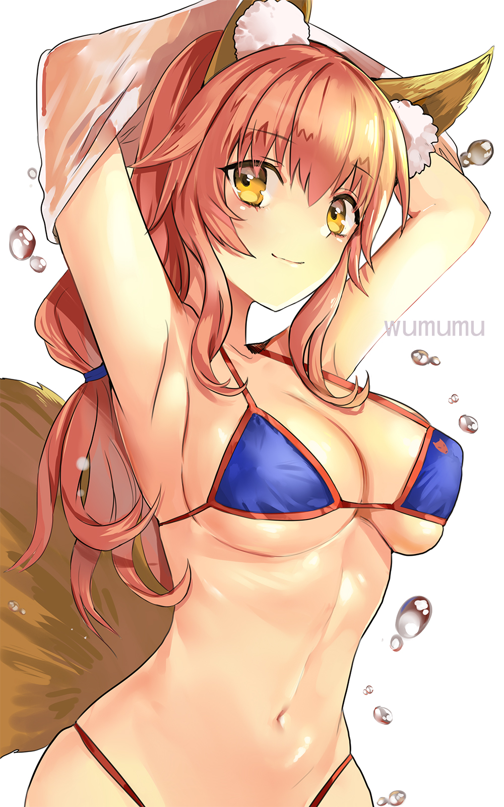 1girl animal_ears armpits arms_up artist_name bangs breasts cleavage closed_mouth eyebrows_visible_through_hair fate/grand_order fate_(series) fox_ears fox_tail halterneck highres long_hair looking_at_viewer low-tied_long_hair medium_breasts navel pink_hair shiny shiny_skin sidelocks simple_background skindentation smile solo stomach string_bikini tail tamamo_(fate)_(all) tamamo_no_mae_(fate) tamamo_no_mae_(swimsuit_lancer)_(fate) undressing upper_body water_drop white_background wumumu yellow_eyes