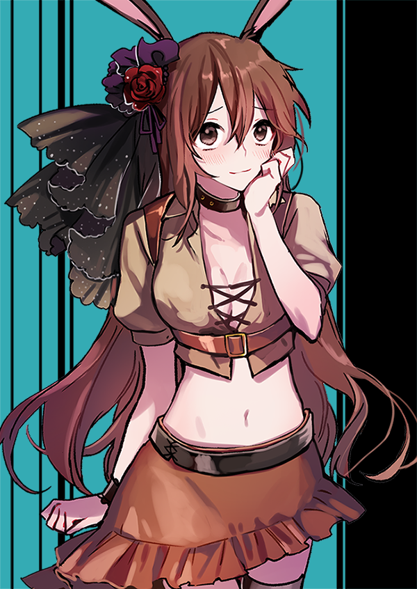 1girl animal_ears blush breasts brown_eyes brown_hair bunny_girl cleavage commentary_request ecru navel rabbit_ears ribbon rwby solo velvet_scarlatina