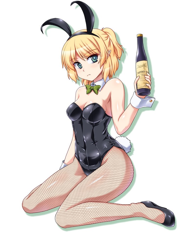 1girl alcohol alternate_costume animal_ears bangs bare_shoulders black_leotard blonde_hair blush bow bowtie breasts bunny_girl bunny_tail bunnysuit cleavage closed_mouth covered_navel derivative_work detached_collar fake_animal_ears fishnet_pantyhose fishnets full_body gomi_(gomitin) green_bow green_bowtie green_eyes hairband leotard looking_at_viewer mizuhashi_parsee ootsuki_wataru pantyhose pointy_ears short_ponytail sitting small_breasts solo tail touhou wine wrist_cuffs