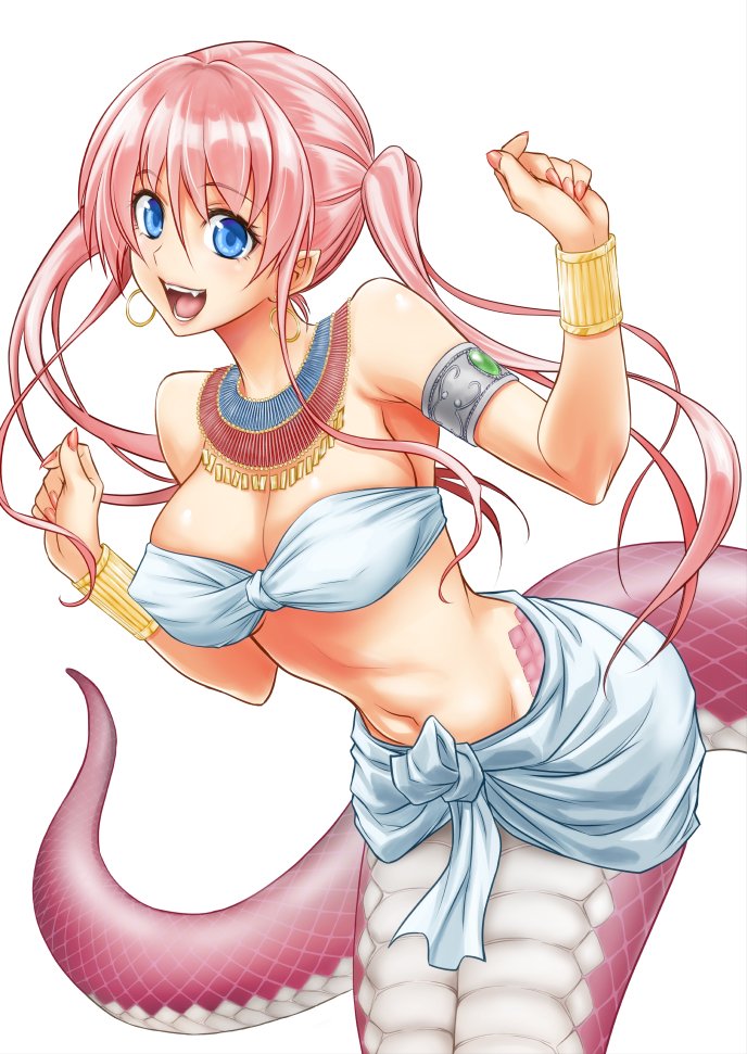 1girl :d aoki_kanji armlet bangs blue_eyes bra bracelet commentary earrings erect_nipples eyebrows_visible_through_hair fangs fingernails hoop_earrings jewelry lamia long_hair looking_at_viewer monster_girl nail_polish navel necklace open_mouth pink_hair pointy_ears pretty_lamia quad_tails red_nails scales sharp_fingernails simple_background smile solo strapless strapless_bra underwear white_background white_bra