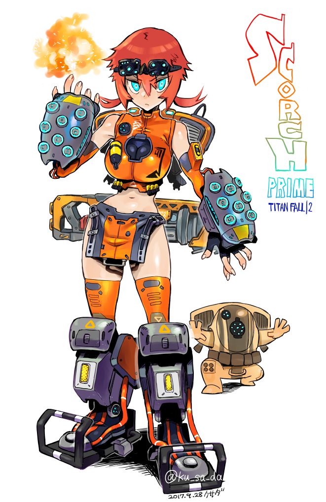 1girl aqua_eyes breasts commentary_request constricted_pupils fingerless_gloves fire full_body gauntlets gloves gun headgear kusada large_breasts looking_at_viewer mecha_musume midriff navel orange_legwear redhead short_hair solo standing thigh-highs titanfall titanfall_2 tsurime weapon
