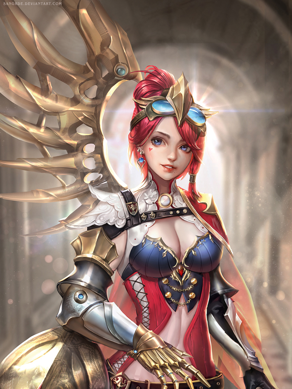 1girl armor artist_name asymmetrical_hair asymmetrical_wings belt black_gloves blue_eyes blurry blurry_background breasts cape cleavage deviantart_username earrings fantasy female gauntlets gloves goggles goggles_on_head hair_up heart highres jewelry knight looking_at_viewer mechanical_arm mechanical_wings medium_breasts midriff original parted_lips red_cape redhead sangrde solo standing steampunk watermark web_address wings