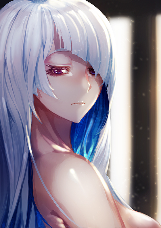 1girl bare_shoulders blurry closed_mouth depth_of_field fate/prototype fate/prototype:_fragments_of_blue_and_silver fate_(series) from_side hair_over_one_eye huihui_(d0250028020) lancer_(fate/prototype_fragments) long_hair looking_at_viewer looking_to_the_side portrait silver_hair solo very_long_hair violet_eyes