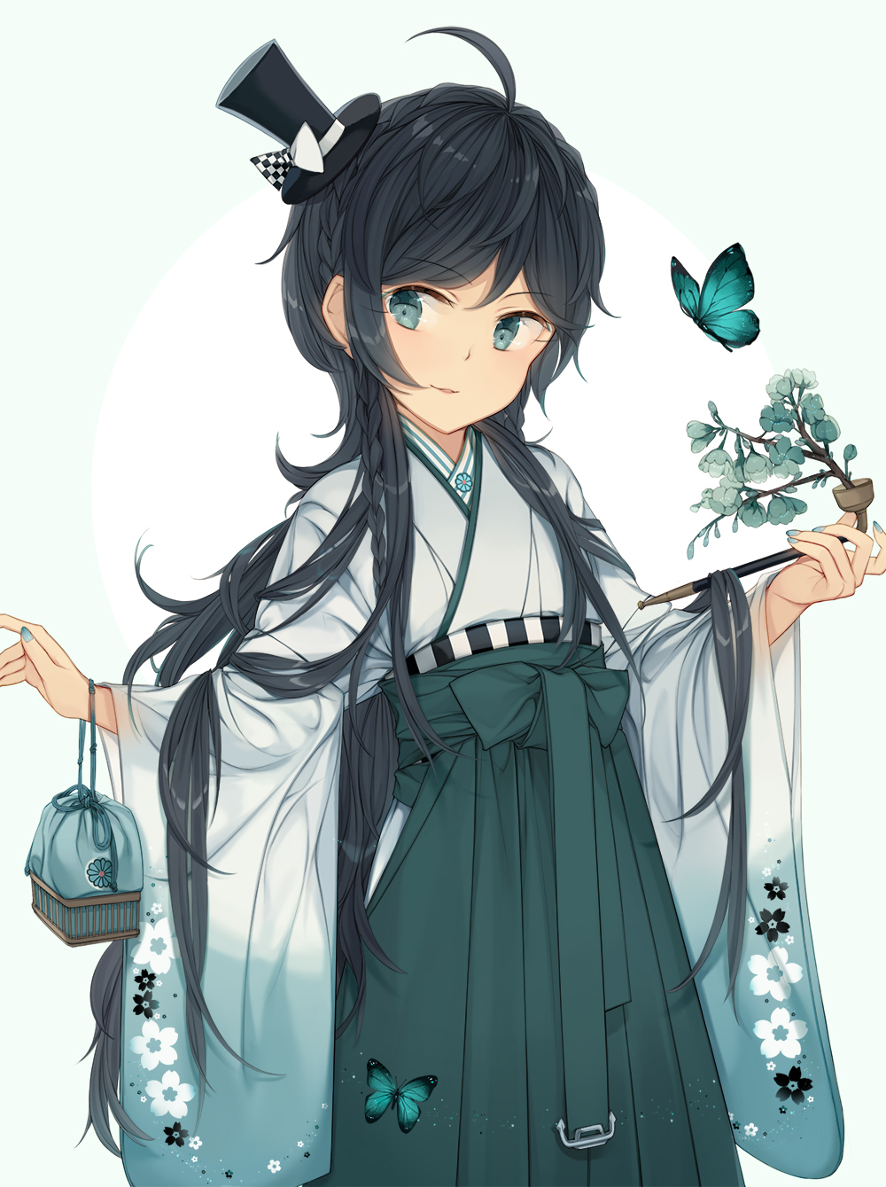 1girl alternate_color anchor bag black_hair blue_eyes butterfly furisode green_eyes hakama hat highres japanese_clothes kantai_collection kimono long_hair malachite matsukaze_(kantai_collection) meiji_schoolgirl_uniform mini_hat mini_top_hat open_mouth pipe solo top_hat wavy_hair wide_sleeves