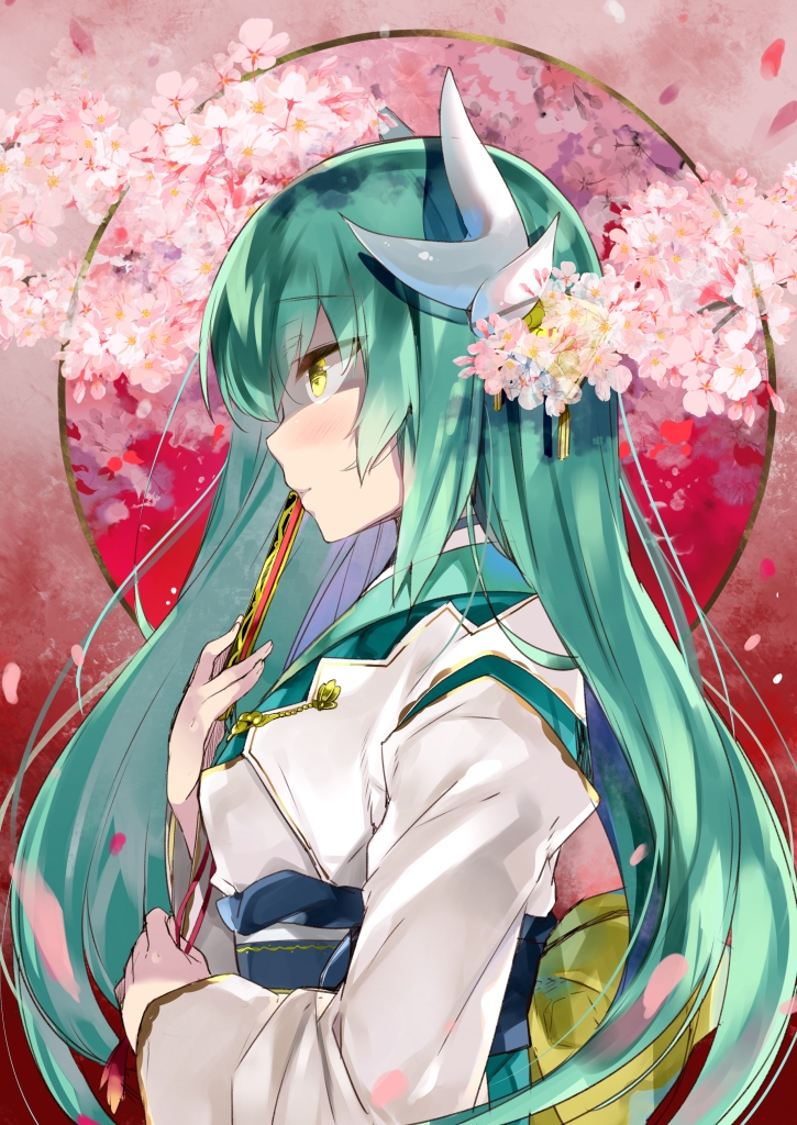 1girl blush breasts cherry_blossoms commentary_request fate/grand_order fate_(series) green_hair japanese_clothes kibii_mocha kiyohime_(fate/grand_order) long_hair multiple_horns solo yellow_eyes