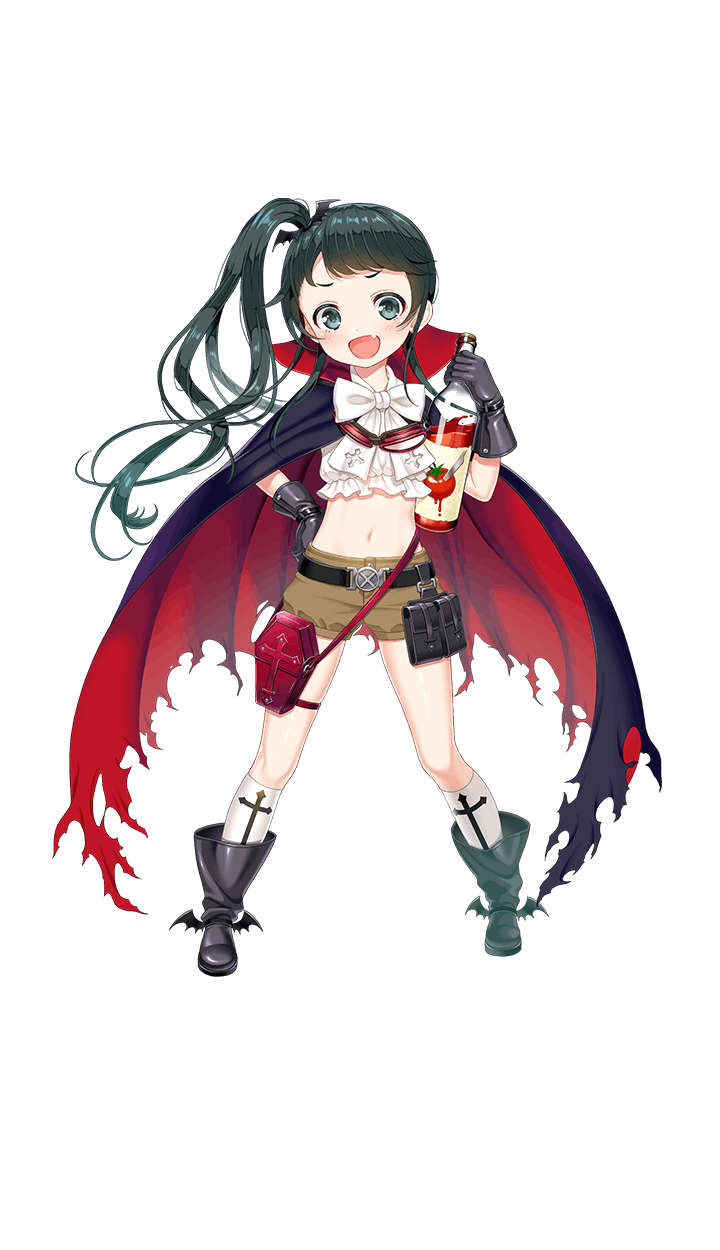 &gt;:d 1girl :d bat_wings belt black_footwear black_gloves boots bottle brown_shorts cape cosplay dracula dracula_(cosplay) fang formation_girls fubuki_maya full_body gloves green_eyes green_hair hair_ribbon halloween_costume hand_on_hip highres holding holding_bottle kamura_poku long_hair looking_at_viewer midriff navel official_art open_mouth ribbon short_shorts shorts side_ponytail smile solo tomato_juice white_legwear wings