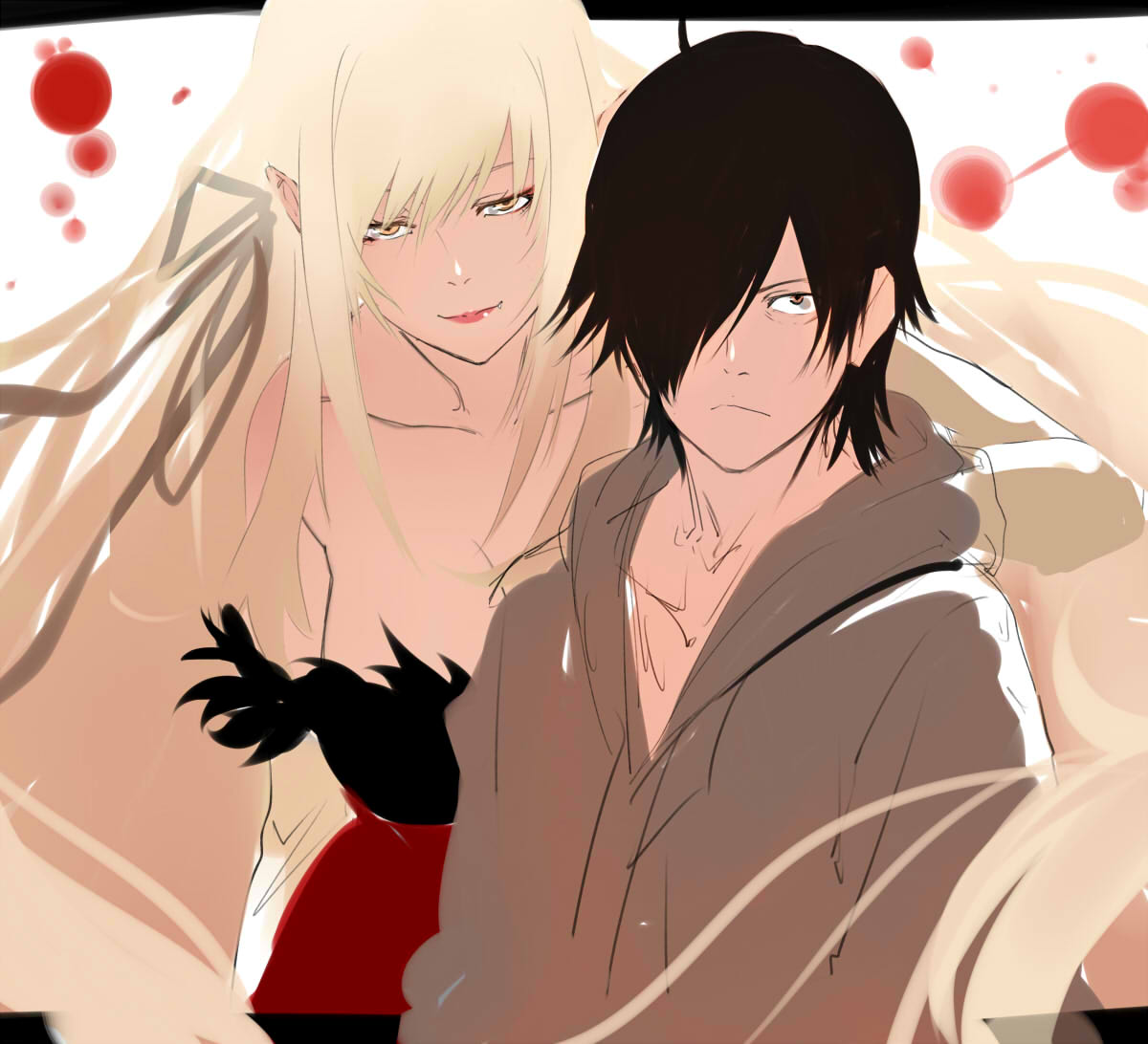 1boy 1girl araragi_koyomi bangs black_hair blonde_hair breasts brown_eyes closed_mouth grey_eyes hair_between_eyes hair_over_one_eye half-closed_eyes hood hoodie isshiki_(ffmania7) kiss-shot_acerola-orion_heart-under-blade kizumonogatari large_breasts long_hair looking_at_viewer monogatari_(series) parted_lips serious sidelocks smile upper_body very_long_hair