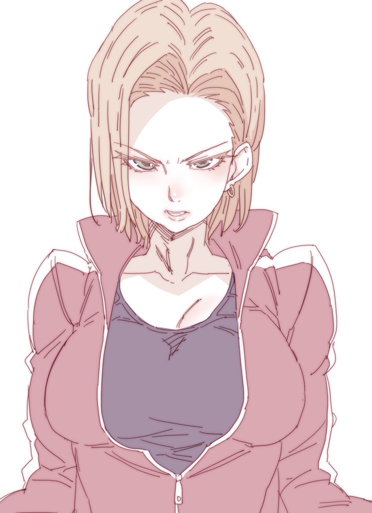 1girl android_18 blonde_hair blue_eyes blue_shirt blush breasts commentary_request dragon_ball dragonball_z earrings female high_collar jacket large_breasts long_sleeves looking_at_viewer medium_hair pale_color parted_lips red_jacket shirt simple_background solo tasaka_shinnosuke unzipped upper_body white_background zipper
