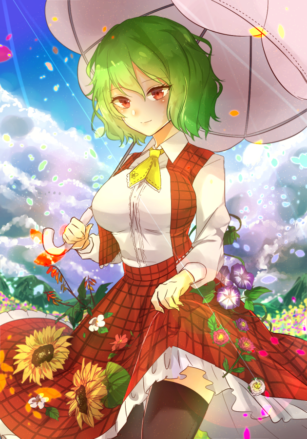 1girl ascot black_legwear blush breasts closed_mouth collared_shirt commentary_request day flower frilled_skirt frills garden_of_the_sun green_hair kazami_yuuka konnyaku_(yuukachan_51) large_breasts lifted_by_self long_sleeves looking_at_viewer open_clothes open_vest parasol plaid plaid_skirt plaid_vest red_eyes shirt short_hair skirt skirt_lift skirt_set smile solo sunflower sunlight thigh-highs touhou umbrella vest white_shirt